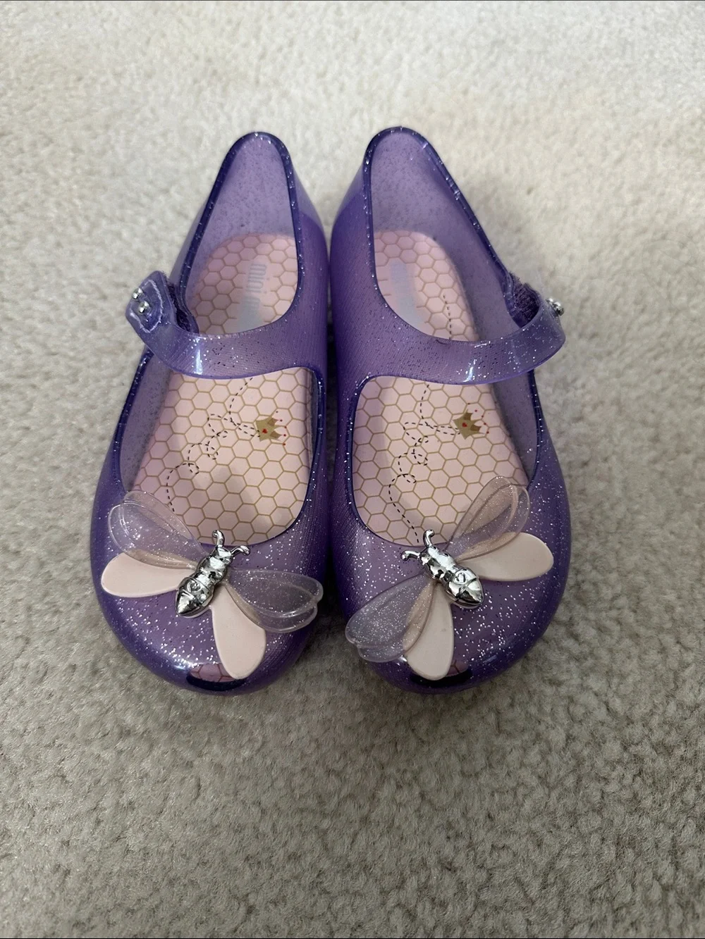 Mini Melissa Glitter Purple Jelly Mary Janes with Bee Charms